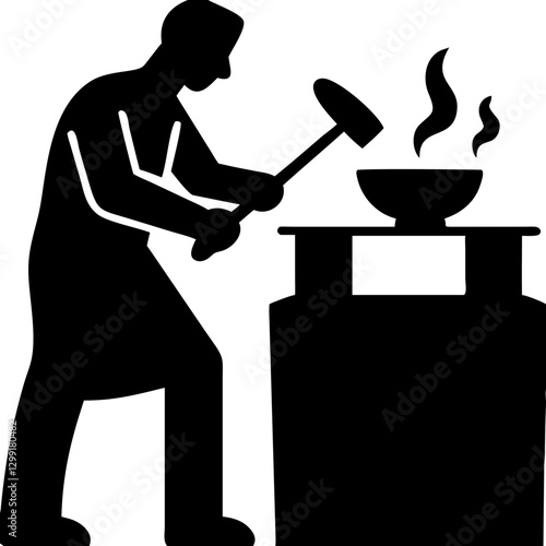 Blacksmith Silhouette Working with Hammer and Anvil in Workshop