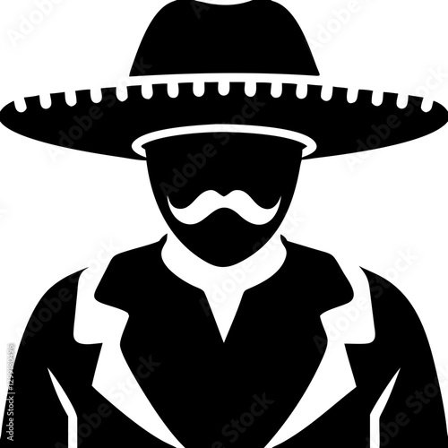 Sombrero Wearing Man Silhouette with Moustache Vector Illustration