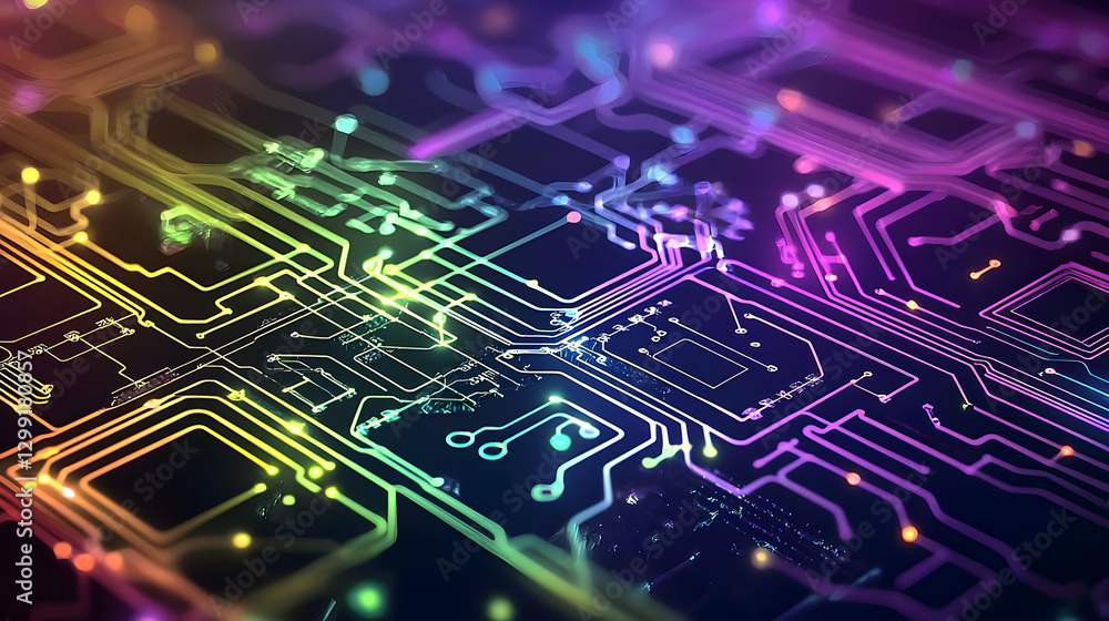 Abstract Digital Circuit Board Displaying Electronic Data Flow with Neon Rainbow Colors Abstract Digital Circuit Board Displaying Electronic Data Flow with Neon Rainbow Colors