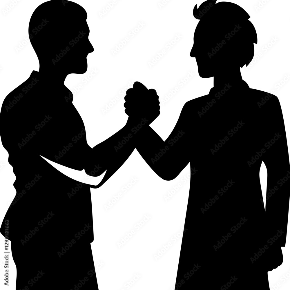 Silhouette of Two People Shaking Hands Symbolizing Partnership and Agreement Silhouette of Two People Shaking Hands Symbolizing Partnership and Agreement