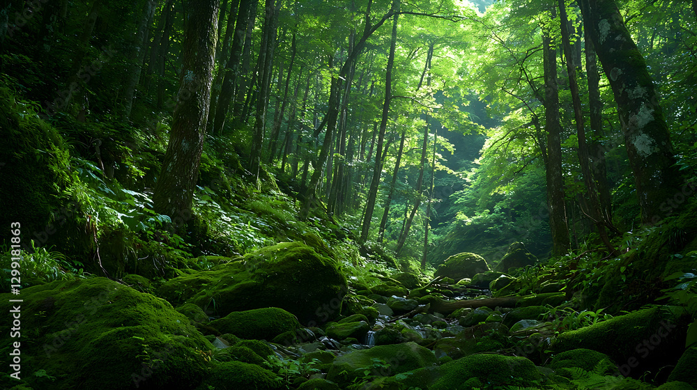 Obraz premium Lush Green Forest Sunlight Shining Through Dense Tree Canopy Creating Tranquil Scene