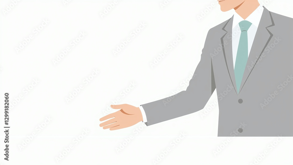 A businessman extends his hand on a clean white surface. A businessman extends his hand on a clean white surface.