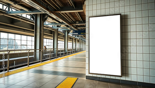 Blank advertising billboard at a metro station, ideal for mockup design, branding, urban advertising, marketing, and outdoor display purposes. photo