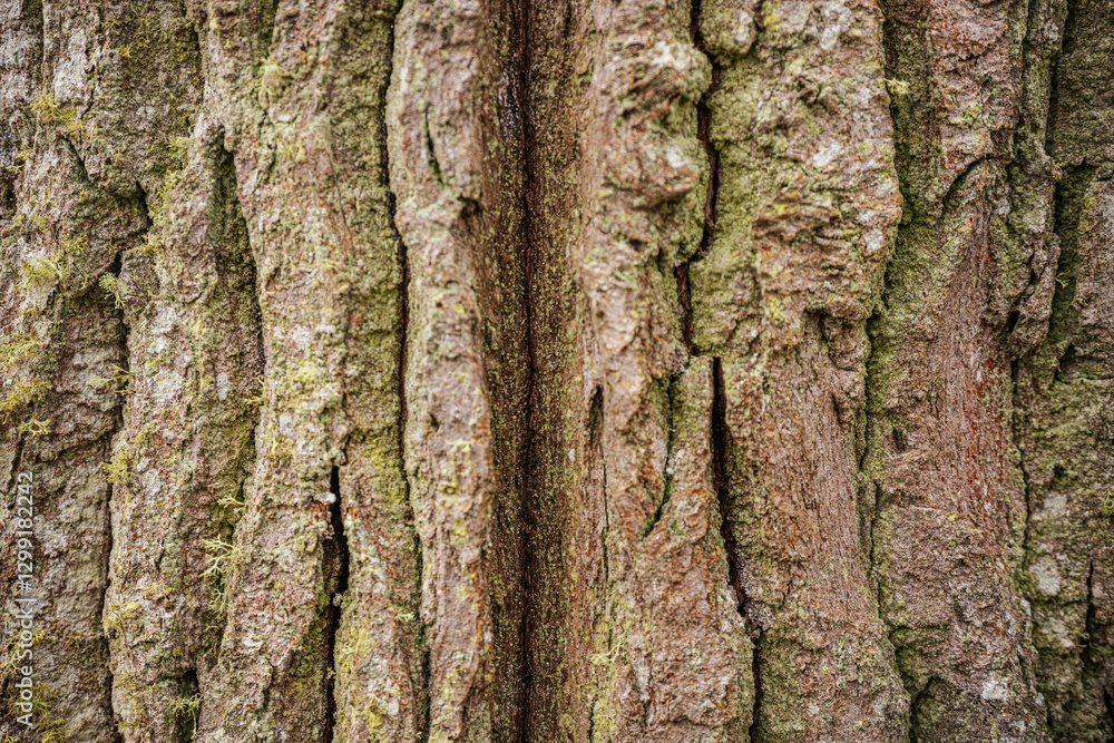 Obraz premium Close-up of tree bark with rough, textured patterns in shades of brown and gray. The detailed surface highlights the natural aging and ruggedness of the tree trunk.