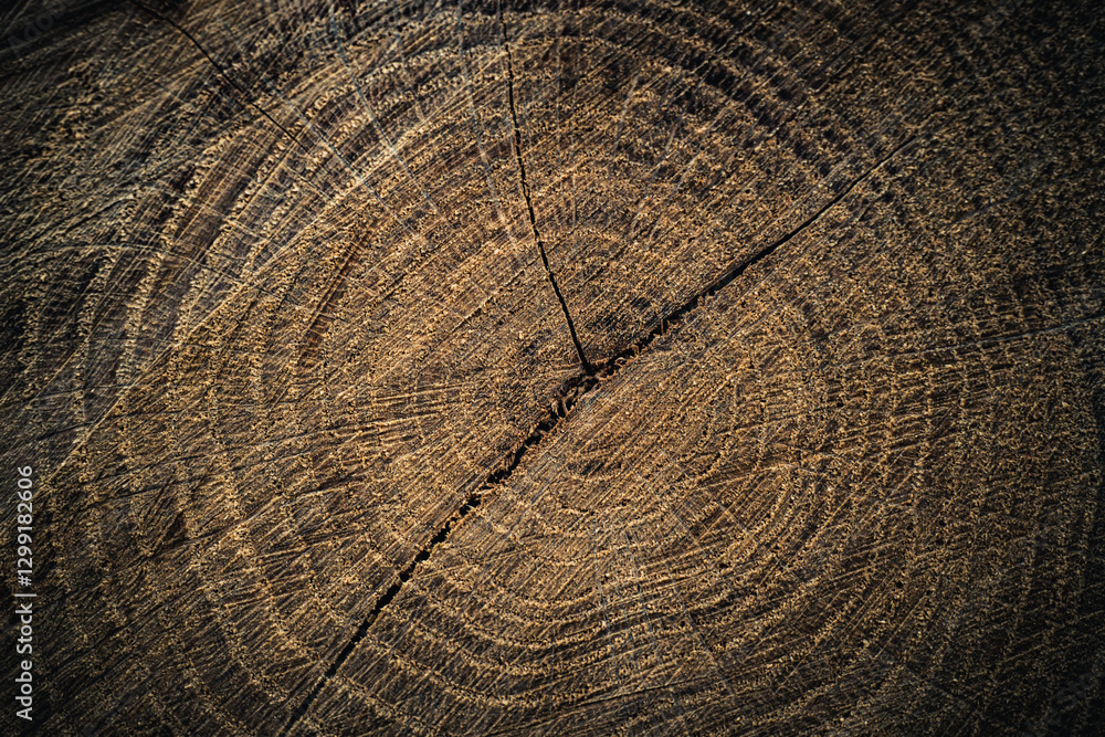 Naklejka premium Close-up of a tree stump showing detailed growth rings and textured wood grain. The circular pattern reveals the tree's age and natural history, illuminated by warm lighting.