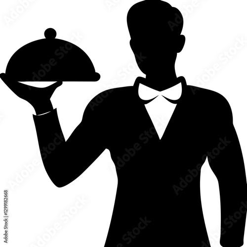 Silhouette of Waiter Holding Dome Tray Professional Service Concept