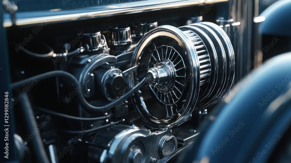 Obraz premium Classic Car Engine Detail, Close-up View, Sunlight, Background of vintage vehicle