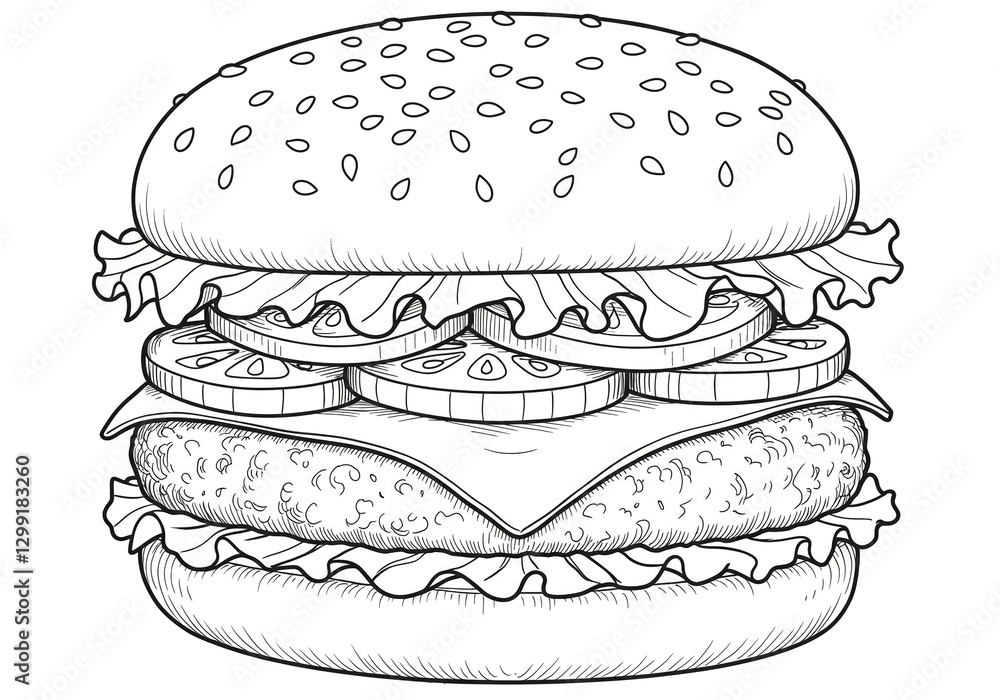 Black and white stacked cheeseburger with lettuce, tomato, and cheese Black and white stacked cheeseburger with lettuce, tomato, and cheese