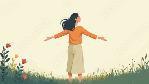 A woman from Asia enjoys nature while standing with open arms freely outdoors.