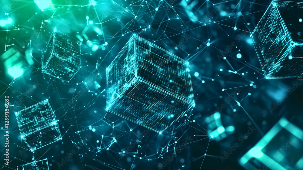 A futuristic blockchain data concept, featuring floating interconnected cubes, glowing blue-green nodes, A futuristic blockchain data concept, featuring floating interconnected cubes, glowing blue-green nodes,