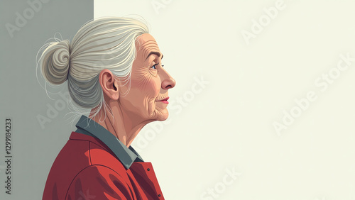 An elderly woman gazes directly from outside in the grey morning light.