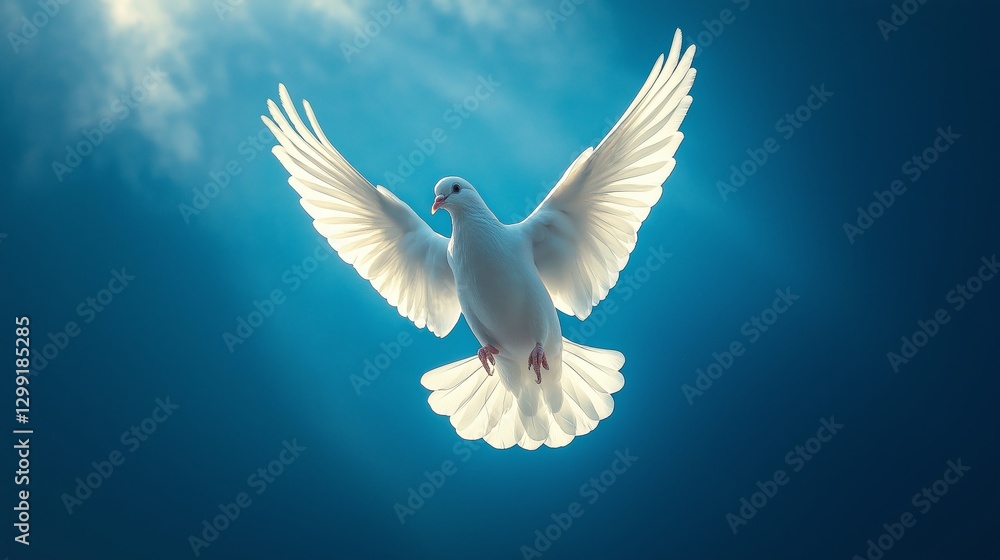 Fototapeta premium White dove soaring against a bright, blue sky with sunlight streaming through