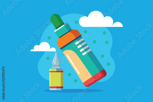 Two nasal spray bottles are displayed against a colorful backdrop with playful shapes and clouds, Nasal spray Customizable Flat Illustration
