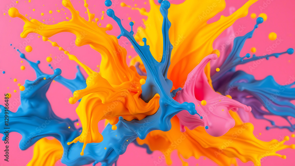 Obraz premium Vibrant splash of colorful paint exploding on a pink background, perfect for creative, artistic, or modern abstract design and art projects