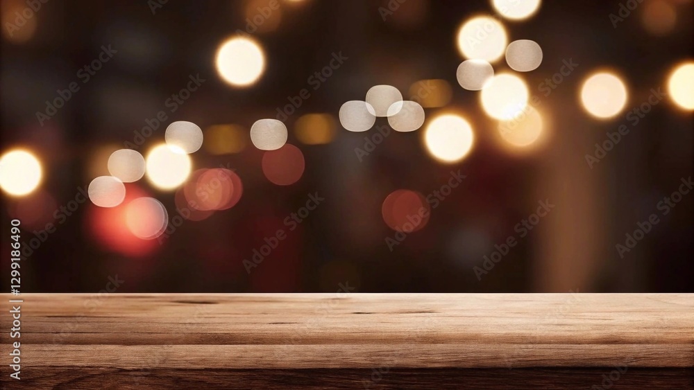 Festive background with light spots and bokeh in front of a empty wooden table Festive background with light spots and bokeh in front of a empty wooden table