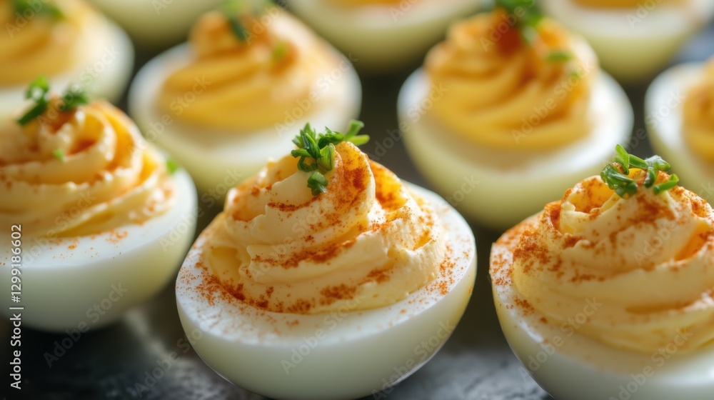 Deliciously prepared deviled eggs topped with herbs and spices on a serving platter for a gathering or celebration Deliciously prepared deviled eggs topped with herbs and spices on a serving platter for a gathering or celebration