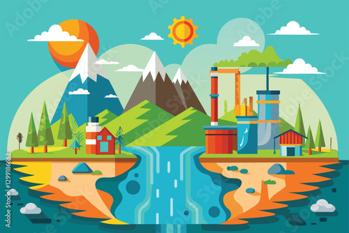 A vibrant flat illustration showing natural resource depletion with factories near mountains and a river, Natural resource depletion Customizable Flat Illustration
