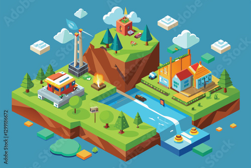 This illustration depicts an isometric landscape with differing ecosystems and resource management activities, Natural resource depletion Customizable Isometric Illustration
