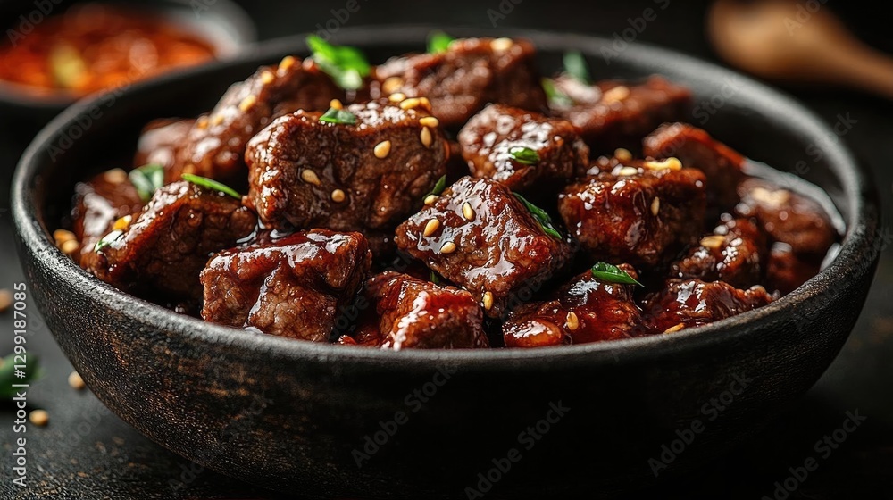 Close-up of succulent beef dish garnished with sesame seeds and herbs, served in a rustic bowl Close-up of succulent beef dish garnished with sesame seeds and herbs, served in a rustic bowl