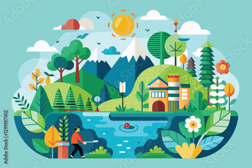A colorful illustration features a peaceful lakeside view with mountains, trees, and a person enjoying nature, Nature benefits Customizable Flat Illustration