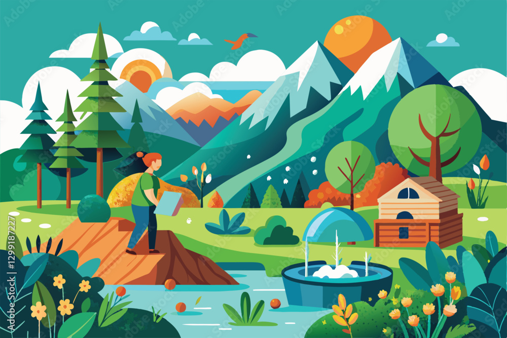 Obraz premium A person enjoys the tranquility of nature, surrounded by mountains, trees, and a peaceful pond, Nature benefits Customizable Semi Flat Illustration