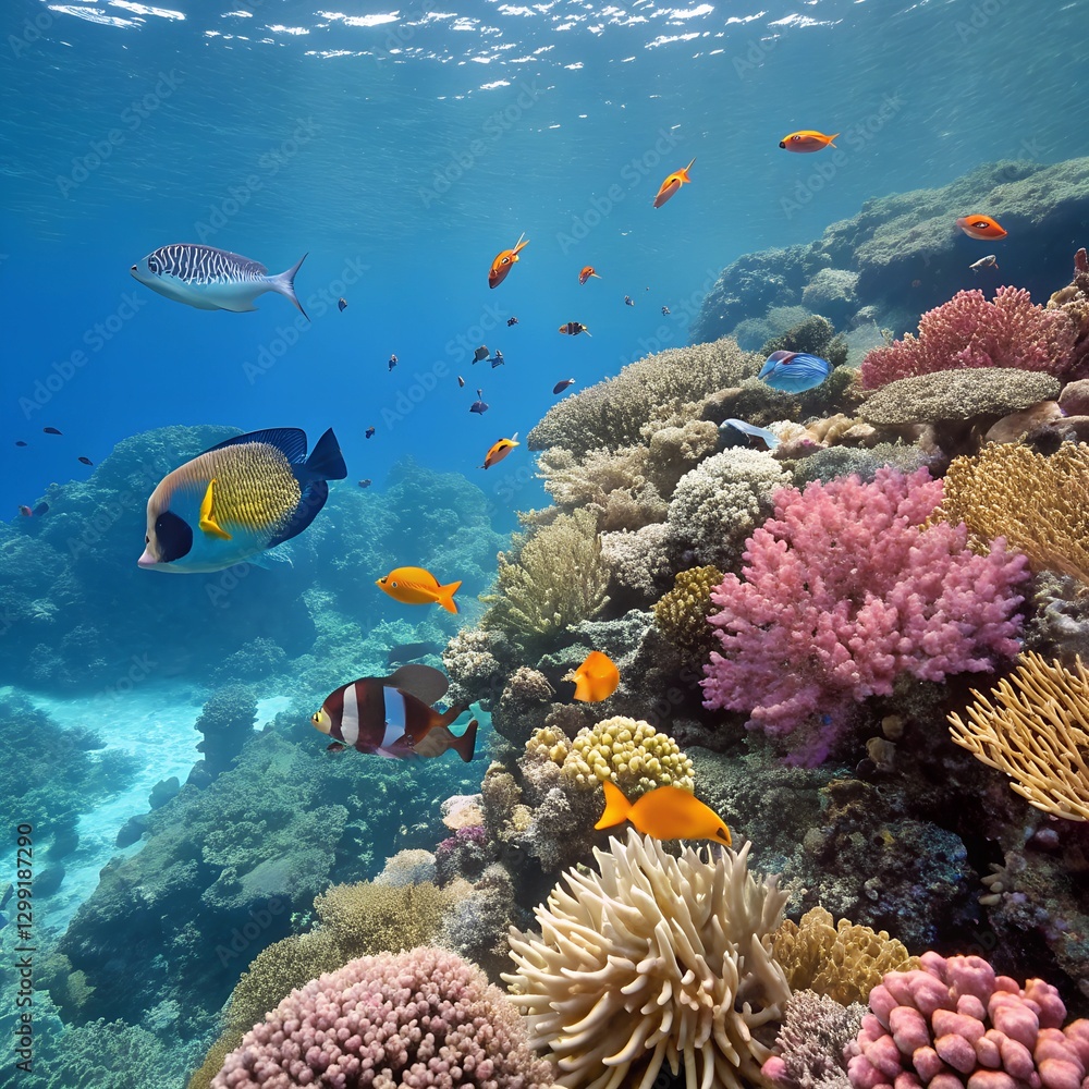 Naklejka premium Vibrant Coral Reefs and Exotic Tropical Fish Showcasing the Majestic Beauty and Ecological Significance of the Great Barrier Reef