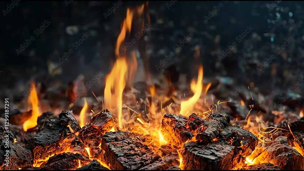 Burning Embers and Sparks Close-up Burning Embers and Sparks Close-up