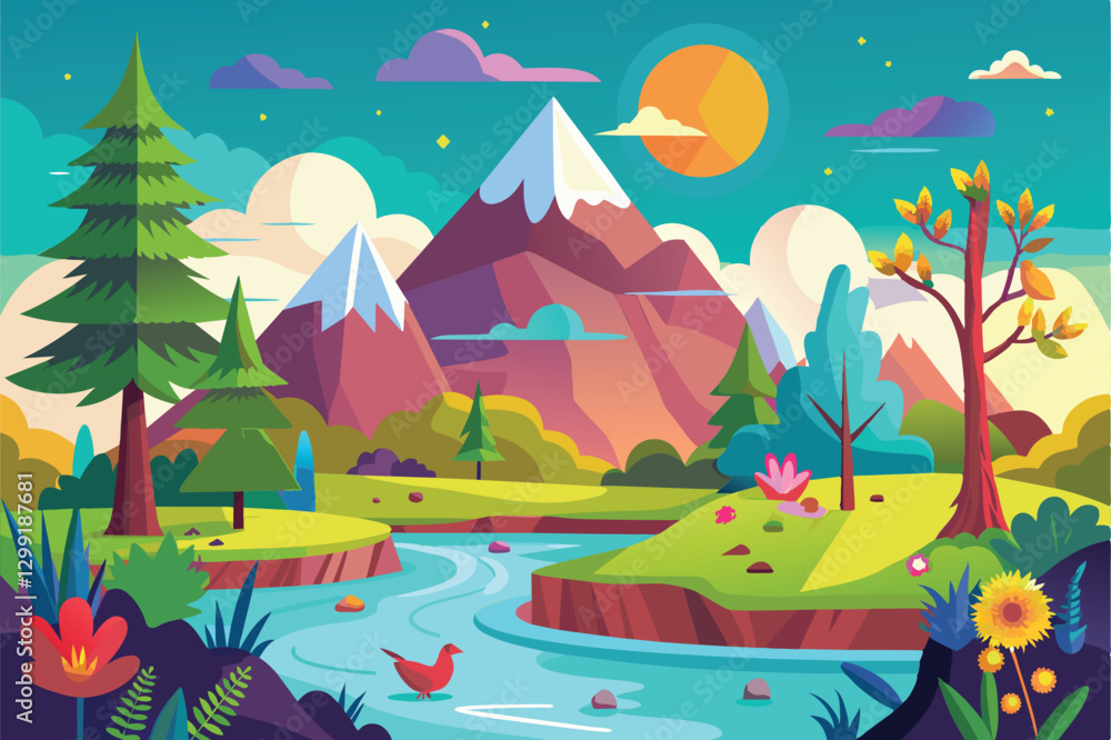 A picturesque view of a river winding through a colorful landscape with mountains, trees, and vibrant flowers, Nature Customizable Flat Illustration A picturesque view of a river winding through a colorful landscape with mountains, trees, and vibrant flowers, Nature Customizable Flat Illustration