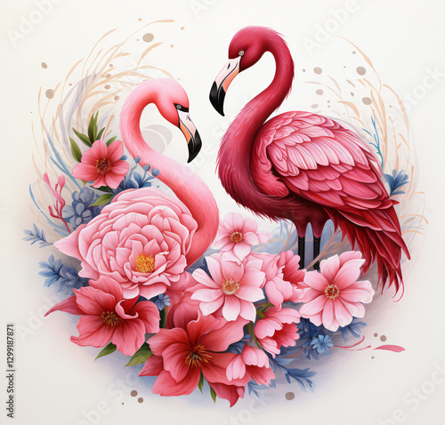 Wallpaper Mural Abstract decorative Yin Yang symbol with symbolizing balance and harmony with motive two pink flamingos and flowers. Torontodigital.ca