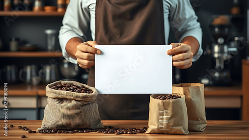 Coffee shop barista holding blank paper sign with coffee beans and equipment in the background, customizable template for branding or message photo