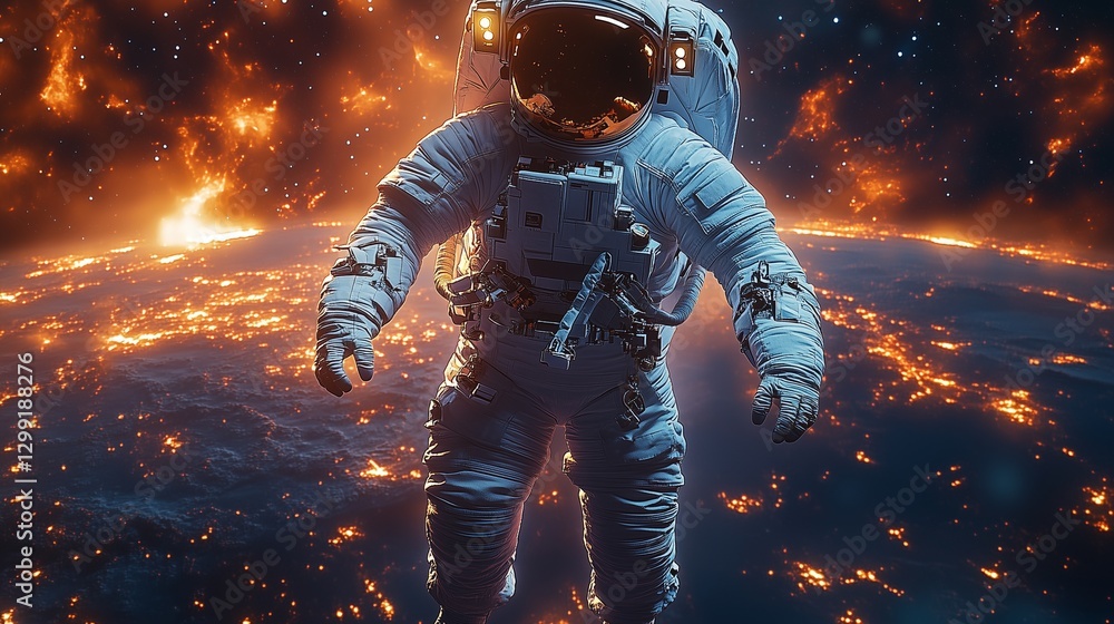Fototapeta premium Astronaut's Solitary Journey: Floating in the Infinite Expanse of Space, a Human Explorer Amidst Stars and Nebula, Witnessing the Grandeur of the Universe.