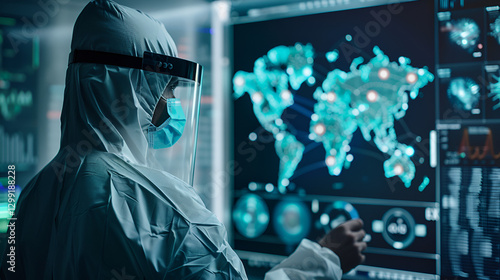 An advanced public health monitoring station tracking disease outbreaks via global AI systems.

