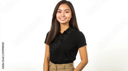 A lovely Filipina intern in a black polo shirt and khaki pants. Isolated on a white background, full body photo.