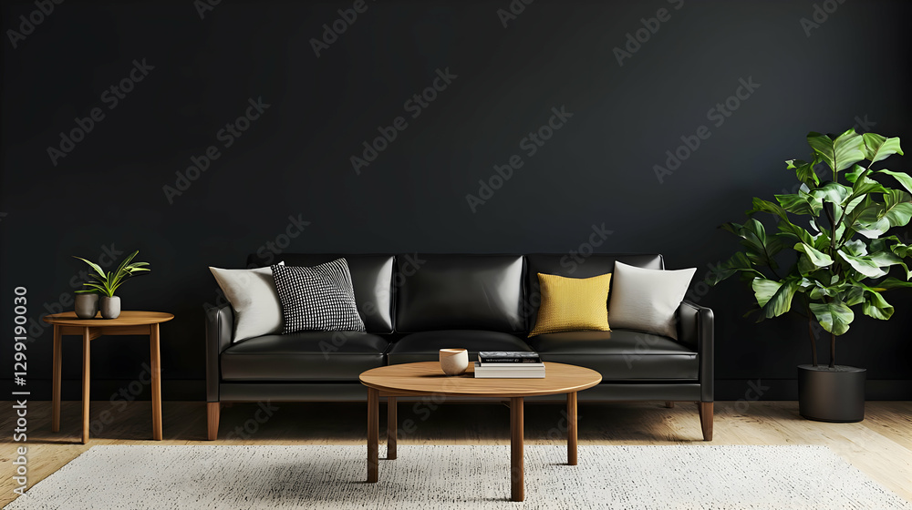 Fototapeta premium Modern Living Room Interior With Black Wall Black Leather Sofa Wooden Tables And Decorative Plants