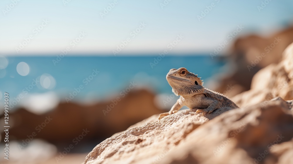 Obraz premium Desert lizard basking in the sun on a rocky beach background