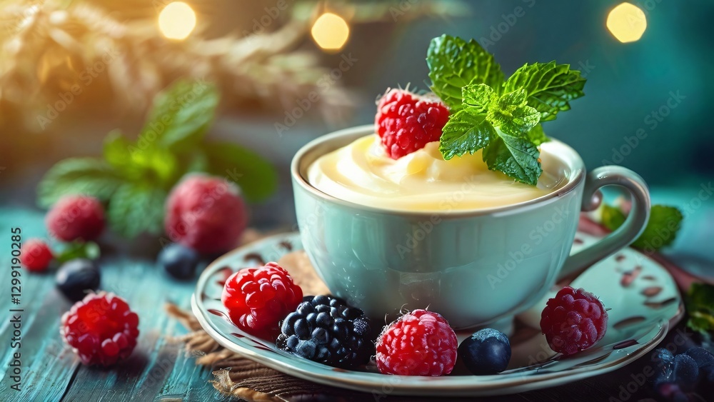 Beautifully Delicious and Creamy Vanilla Pudding with Berries Illustration for National Vanilla Pudding Day Beautifully Delicious and Creamy Vanilla Pudding with Berries Illustration for National Vanilla Pudding Day