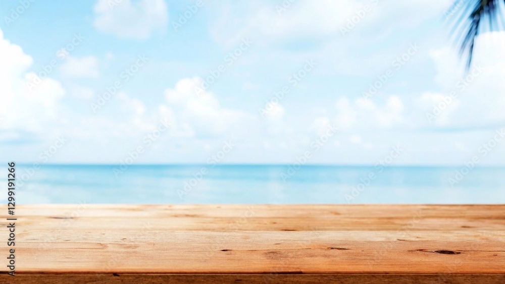 Fototapeta premium Wooden table top on blurred summer blue sea and sky background. Copy space for your display or montage product design.