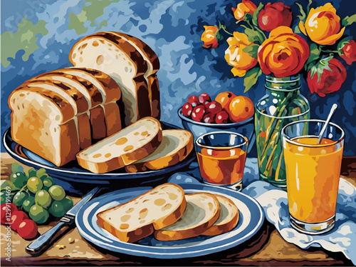 slices of bread, juice, fruits and flowers vector painting