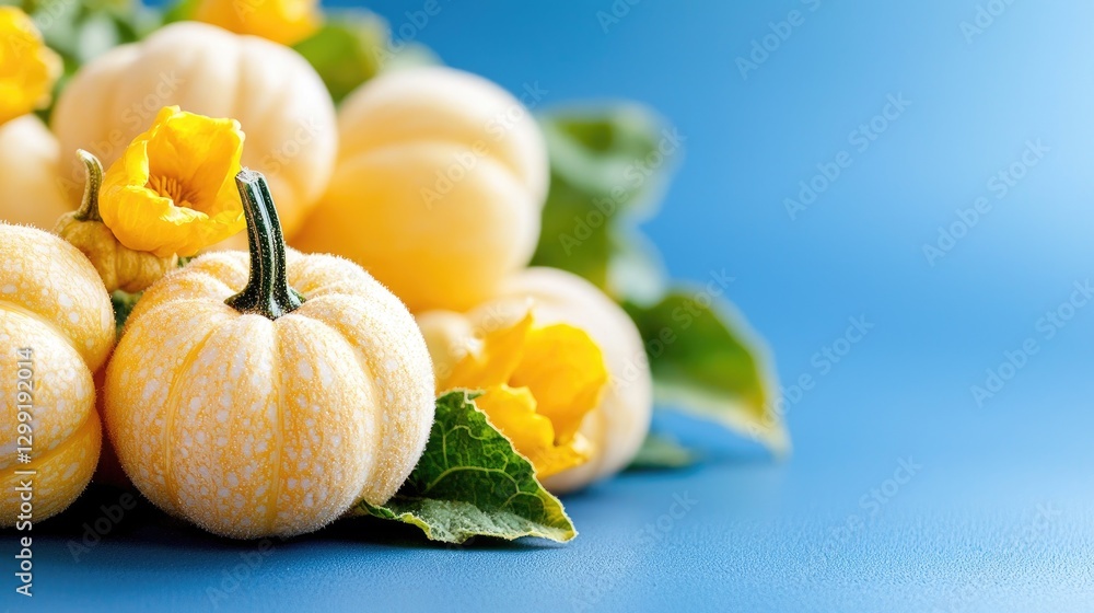 Small decorative pumpkins, vibrant yellow, on blue background, autumnal display, for design, print, or social media Small decorative pumpkins, vibrant yellow, on blue background, autumnal display, for design, print, or social media