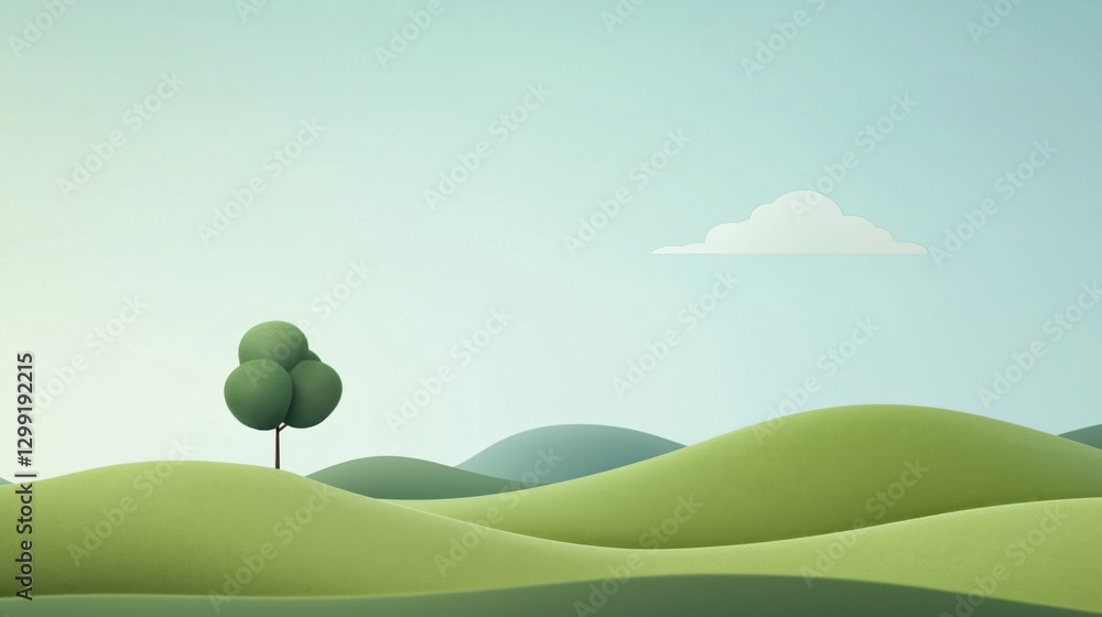 Fototapeta premium Minimalist landscape with lone tree and rolling hills under blue sky