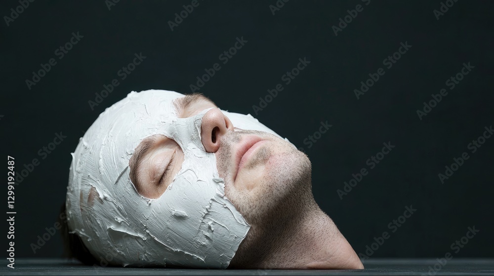 Naklejka premium Man with his face covered in a white plaster mask rests with closed eyes against a dark background.