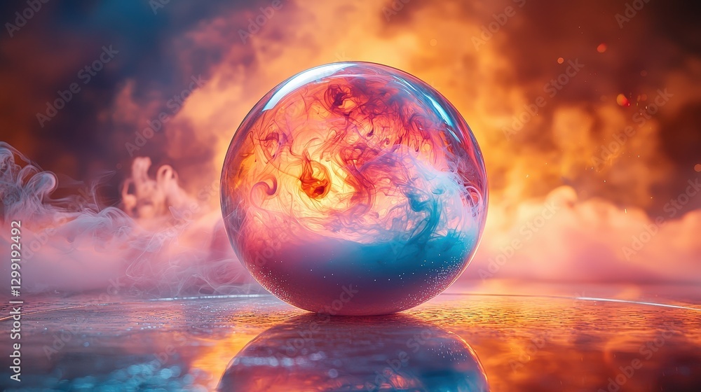 Vibrant sphere with abstract smoke effects amidst fiery background and reflective surface Vibrant sphere with abstract smoke effects amidst fiery background and reflective surface
