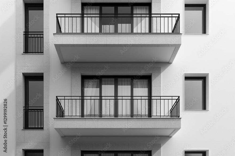 Modern apartment facade with balconies and windows in minimalist design Modern apartment facade with balconies and windows in minimalist design