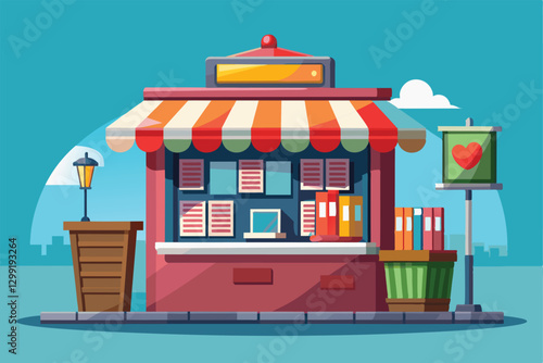A lively newsstand with a striped canopy displays magazines and books, inviting passersby in a bustling area, Newsstand Customizable Cartoon Illustration