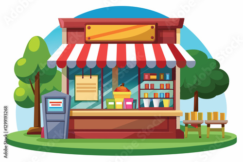 A vibrant cartoon newsstand located in a park, featuring a variety of items and seating options nearby, Newsstand Customizable Cartoon Illustration