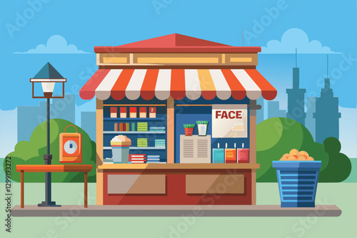 A cheerful newsstand equipped with various items and a welcoming atmosphere in a lively park, Newsstand Customizable Disproportionate Illustration