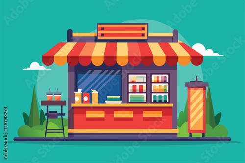 A cheerful newsstand offers snacks and drinks, surrounded by lush greenery in a lively environment, Newsstand Customizable Flat Illustration