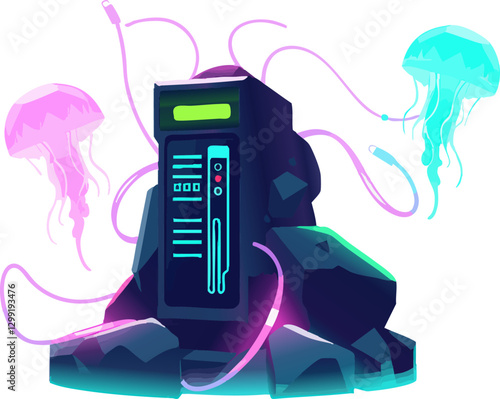 an image of a computer with jellyfish 