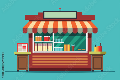 A lively newsstand displays various publications and snacks in a cheerful, colorful setting, Newsstand Customizable Flat Illustration