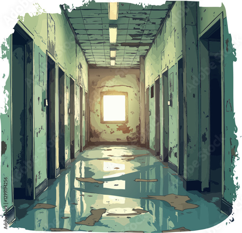 an image of a long hallway with a light at the end of the hallway